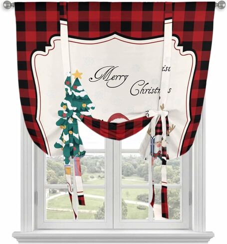 Red Gnomes Christmas Tie Up Curtains for Window, Xmas Tree Gifts Red Black Plaid Thermal Insulated Balloon Shade Adjustable Rod Pocket Curtains Valance Panels for Kitchen Bathroom Café 42'' x 54'' in Saudi Arabia