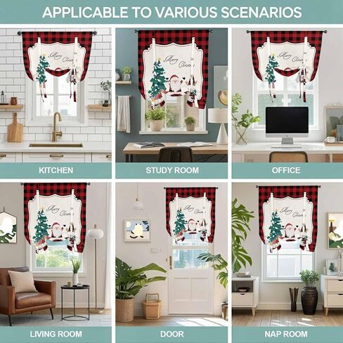 Red Gnomes Christmas Tie Up Curtains for Window, Xmas Tree Gifts Red Black Plaid Thermal Insulated Balloon Shade Adjustable Rod Pocket Curtains Valance Panels for Kitchen Bathroom Café 42'' x 54'' in Saudi Arabia