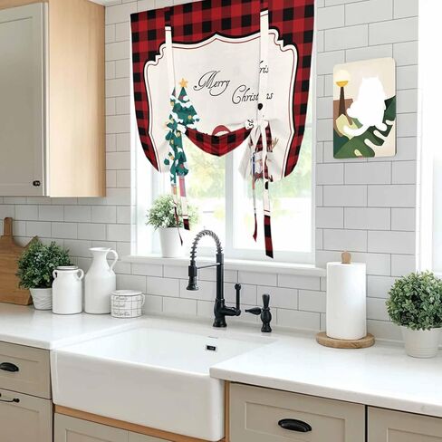 Red Gnomes Christmas Tie Up Curtains for Window, Xmas Tree Gifts Red Black Plaid Thermal Insulated Balloon Shade Adjustable Rod Pocket Curtains Valance Panels for Kitchen Bathroom Café 42'' x 54'' in Saudi Arabia