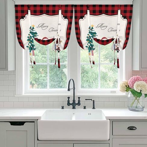 Red Gnomes Christmas Tie Up Curtains for Window, Xmas Tree Gifts Red Black Plaid Thermal Insulated Balloon Shade Adjustable Rod Pocket Curtains Valance Panels for Kitchen Bathroom Café 42'' x 54'' in Saudi Arabia