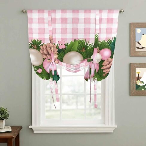 Christmas Balls Tie Up Curtains for Window, Needles Pine Cones Pink Plaid Thermal Insulated Balloon Shade Adjustable Rod Pocket Curtains Valance Panels for Kitchen Bathroom Café 52'' x 63'' in Saudi Arabia