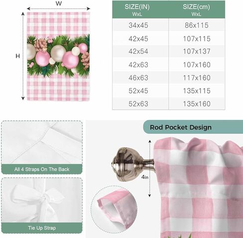 Christmas Balls Tie Up Curtains for Window, Needles Pine Cones Pink Plaid Thermal Insulated Balloon Shade Adjustable Rod Pocket Curtains Valance Panels for Kitchen Bathroom Café 52'' x 63'' in Saudi Arabia