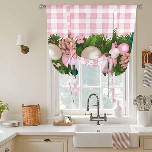 Christmas Balls Tie Up Curtains for Window, Needles Pine Cones Pink Plaid Thermal Insulated Balloon Shade Adjustable Rod Pocket Curtains Valance Panels for Kitchen Bathroom Café 52'' x 63'' in Saudi Arabia