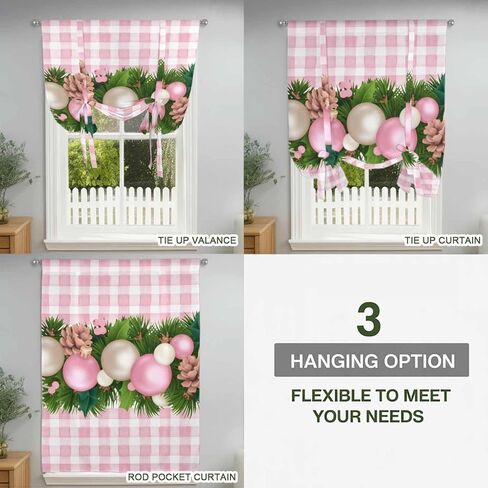 Christmas Balls Tie Up Curtains for Window, Needles Pine Cones Pink Plaid Thermal Insulated Balloon Shade Adjustable Rod Pocket Curtains Valance Panels for Kitchen Bathroom Café 52'' x 63'' in Saudi Arabia