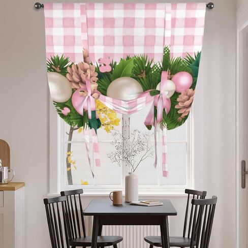 Christmas Balls Tie Up Curtains for Window, Needles Pine Cones Pink Plaid Thermal Insulated Balloon Shade Adjustable Rod Pocket Curtains Valance Panels for Kitchen Bathroom Café 52'' x 63'' in Saudi Arabia
