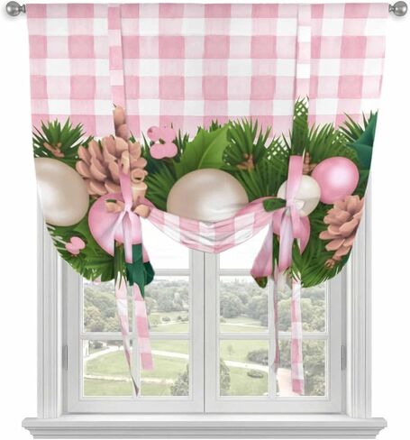 Christmas Balls Tie Up Curtains for Window, Needles Pine Cones Pink Plaid Thermal Insulated Balloon Shade Adjustable Rod Pocket Curtains Valance Panels for Kitchen Bathroom Café 52'' x 63'' in Saudi Arabia