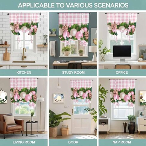 Christmas Balls Tie Up Curtains for Window, Needles Pine Cones Pink Plaid Thermal Insulated Balloon Shade Adjustable Rod Pocket Curtains Valance Panels for Kitchen Bathroom Café 52'' x 63'' in Saudi Arabia