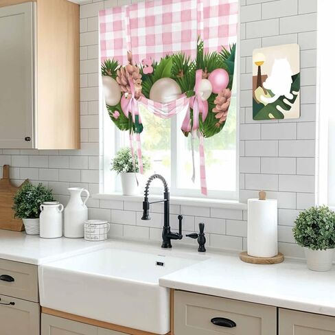 Christmas Balls Tie Up Curtains for Window, Needles Pine Cones Pink Plaid Thermal Insulated Balloon Shade Adjustable Rod Pocket Curtains Valance Panels for Kitchen Bathroom Café 52'' x 63'' in Saudi Arabia