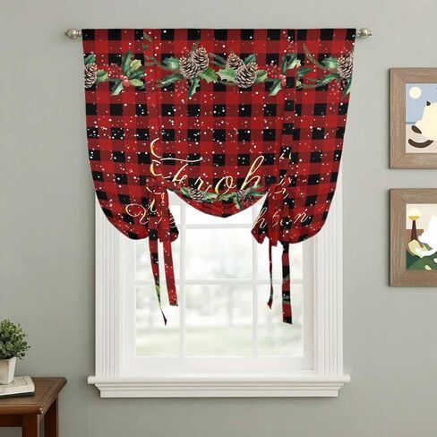 Merry Christmas Tie Up Curtains for Window, Red Black Plaid Winter Pine Cones Snowflake Thermal Balloon Shade Adjustable Rod Pocket Curtains Valance Panels for Kitchen Bathroom Café 34'' x 45'' in Saudi Arabia