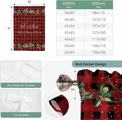 Merry Christmas Tie Up Curtains for Window, Red Black Plaid Winter Pine Cones Snowflake Thermal Balloon Shade Adjustable Rod Pocket Curtains Valance Panels for Kitchen Bathroom Café 34'' x 45'' in Saudi Arabia