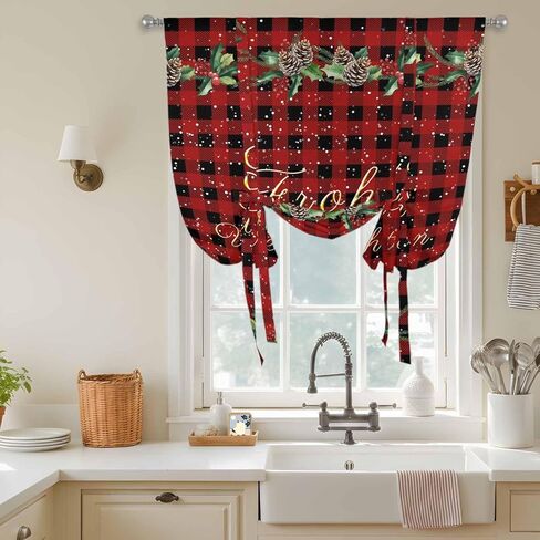 Merry Christmas Tie Up Curtains for Window, Red Black Plaid Winter Pine Cones Snowflake Thermal Balloon Shade Adjustable Rod Pocket Curtains Valance Panels for Kitchen Bathroom Café 34'' x 45'' in Saudi Arabia