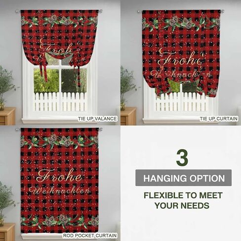 Merry Christmas Tie Up Curtains for Window, Red Black Plaid Winter Pine Cones Snowflake Thermal Balloon Shade Adjustable Rod Pocket Curtains Valance Panels for Kitchen Bathroom Café 34'' x 45'' in Saudi Arabia