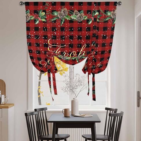 Merry Christmas Tie Up Curtains for Window, Red Black Plaid Winter Pine Cones Snowflake Thermal Balloon Shade Adjustable Rod Pocket Curtains Valance Panels for Kitchen Bathroom Café 34'' x 45'' in Saudi Arabia