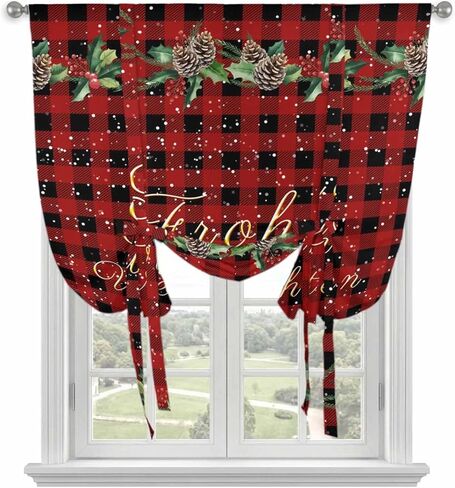 Merry Christmas Tie Up Curtains for Window, Red Black Plaid Winter Pine Cones Snowflake Thermal Balloon Shade Adjustable Rod Pocket Curtains Valance Panels for Kitchen Bathroom Café 34'' x 45'' in Saudi Arabia