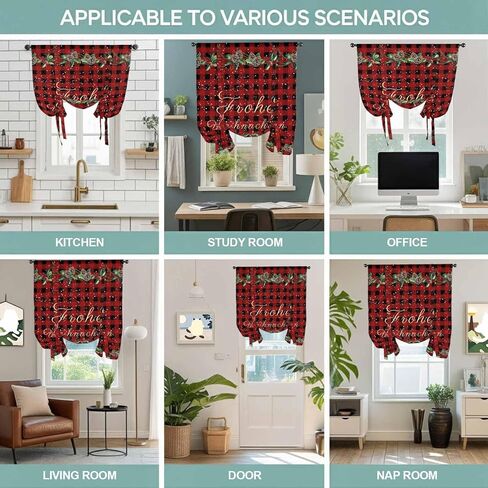 Merry Christmas Tie Up Curtains for Window, Red Black Plaid Winter Pine Cones Snowflake Thermal Balloon Shade Adjustable Rod Pocket Curtains Valance Panels for Kitchen Bathroom Café 34'' x 45'' in Saudi Arabia
