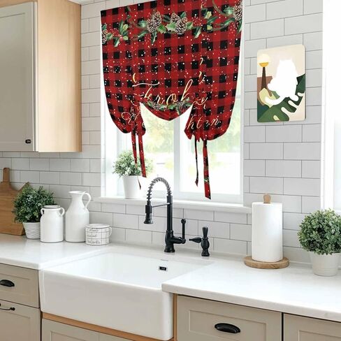 Merry Christmas Tie Up Curtains for Window, Red Black Plaid Winter Pine Cones Snowflake Thermal Balloon Shade Adjustable Rod Pocket Curtains Valance Panels for Kitchen Bathroom Café 34'' x 45'' in Saudi Arabia