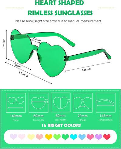 16 Pairs Green Heart Sunglasses for Women, Candy Color Rimless Fun Heart Glasses for Women Party Favors in Kuwait