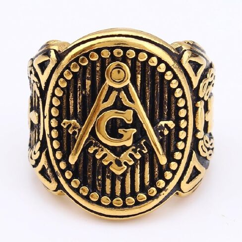 Antique Masonic Signet Ring for Men Gold Masonic Trowel Ring, Vintage Master Mason Ring Classic Freemason Symbol Ring Men’s Rock Masonic Compass Jewelry Masonic Stripe Ring in Kuwait