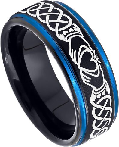 Celtic Claddagh Tungsten Ring - 2-Tone Brushed Black IP & Blue Tungsten Carbide Wedding Band - Comfort Fit Anniversary Ring 8MM in Saudi Arabia