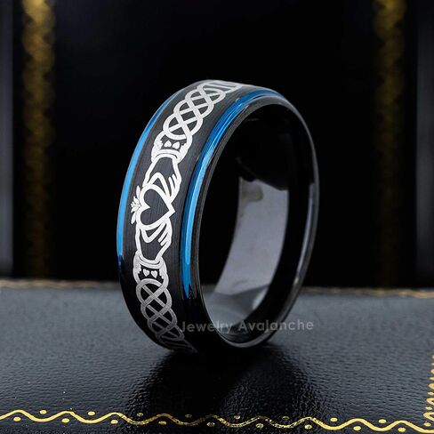 Celtic Claddagh Tungsten Ring - 2-Tone Brushed Black IP & Blue Tungsten Carbide Wedding Band - Comfort Fit Anniversary Ring 8MM in Saudi Arabia