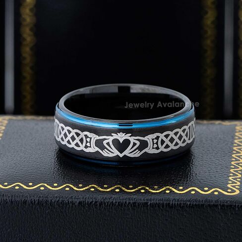Celtic Claddagh Tungsten Ring - 2-Tone Brushed Black IP & Blue Tungsten Carbide Wedding Band - Comfort Fit Anniversary Ring 8MM in Saudi Arabia