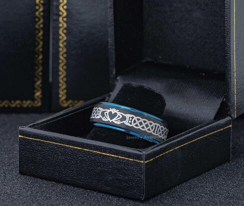 Celtic Claddagh Tungsten Ring - 2-Tone Brushed Black IP & Blue Tungsten Carbide Wedding Band - Comfort Fit Anniversary Ring 8MM in Saudi Arabia