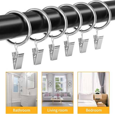 26pcs Metal Curtain Rings with Clips for Easy Hanging, Curtain Clip Rings Hooks for Drapes, 1.5" Interior Diameter, Silvery in Saudi Arabia
