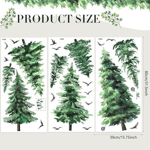 Qilery Large Pine Tree Wall Decals Winter Tree Wall Decal Watercolor Peel and Stick Forest Stickers Woodland Birds Branch Sticker for Nursery Bedroom Living Room(Classic Style) in Saudi Arabia