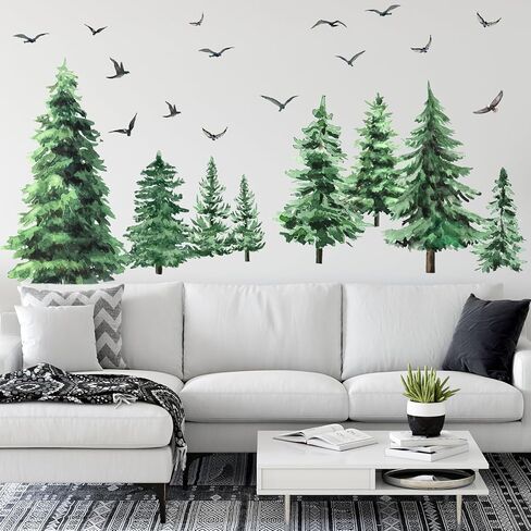 Qilery Large Pine Tree Wall Decals Winter Tree Wall Decal Watercolor Peel and Stick Forest Stickers Woodland Birds Branch Sticker for Nursery Bedroom Living Room(Classic Style) in Saudi Arabia