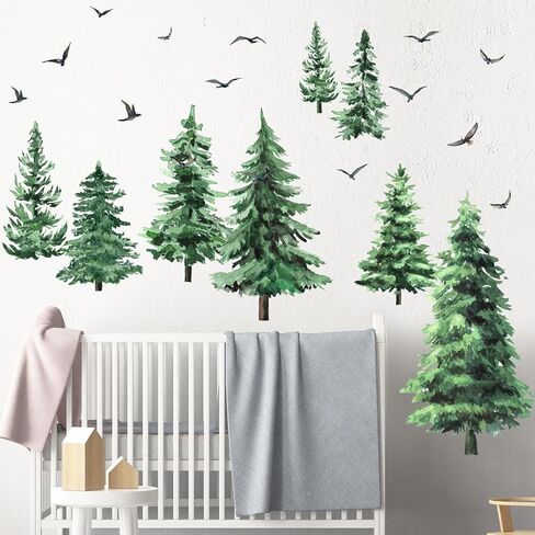 Qilery Large Pine Tree Wall Decals Winter Tree Wall Decal Watercolor Peel and Stick Forest Stickers Woodland Birds Branch Sticker for Nursery Bedroom Living Room(Classic Style) in Saudi Arabia