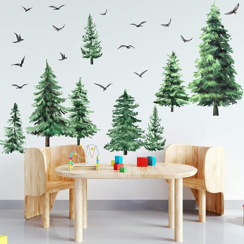 Qilery Large Pine Tree Wall Decals Winter Tree Wall Decal Watercolor Peel and Stick Forest Stickers Woodland Birds Branch Sticker for Nursery Bedroom Living Room(Classic Style) in Saudi Arabia