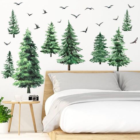Qilery Large Pine Tree Wall Decals Winter Tree Wall Decal Watercolor Peel and Stick Forest Stickers Woodland Birds Branch Sticker for Nursery Bedroom Living Room(Classic Style) in Saudi Arabia