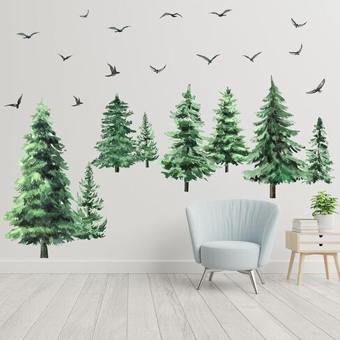 Qilery Large Pine Tree Wall Decals Winter Tree Wall Decal Watercolor Peel and Stick Forest Stickers Woodland Birds Branch Sticker for Nursery Bedroom Living Room(Classic Style) in Saudi Arabia