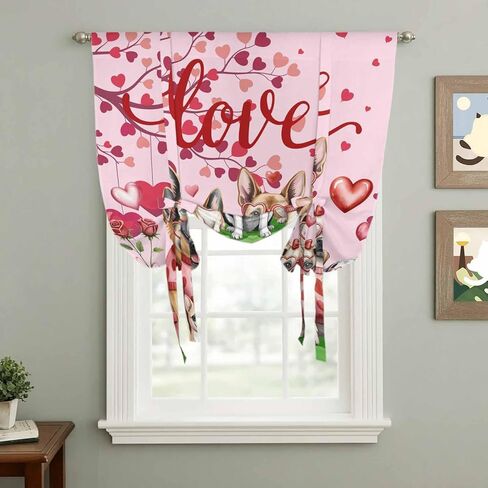 Valentine's Day Tie Up Curtains for Window, Watercolor Funny Dogs Love Roses Spring Pink Thermal Balloon Shade Adjustable Rod Pocket Curtains Valance Panels for Kitchen Bathroom Café 42'' x 63'' in Saudi Arabia