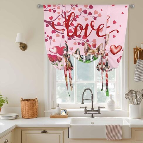 Valentine's Day Tie Up Curtains for Window, Watercolor Funny Dogs Love Roses Spring Pink Thermal Balloon Shade Adjustable Rod Pocket Curtains Valance Panels for Kitchen Bathroom Café 42'' x 63'' in Saudi Arabia