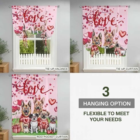 Valentine's Day Tie Up Curtains for Window, Watercolor Funny Dogs Love Roses Spring Pink Thermal Balloon Shade Adjustable Rod Pocket Curtains Valance Panels for Kitchen Bathroom Café 42'' x 63'' in Saudi Arabia