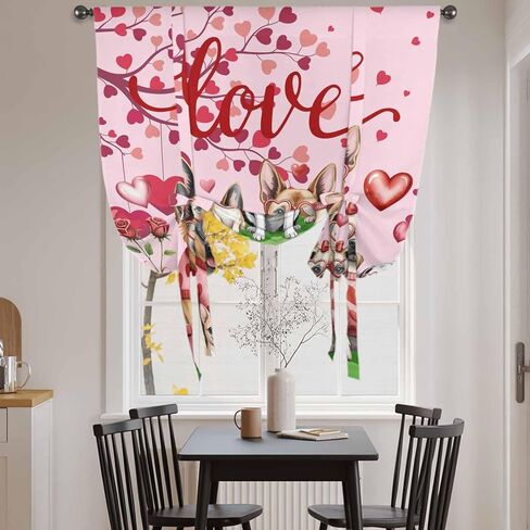 Valentine's Day Tie Up Curtains for Window, Watercolor Funny Dogs Love Roses Spring Pink Thermal Balloon Shade Adjustable Rod Pocket Curtains Valance Panels for Kitchen Bathroom Café 42'' x 63'' in Saudi Arabia