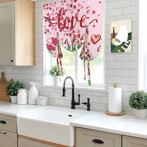 Valentine's Day Tie Up Curtains for Window, Watercolor Funny Dogs Love Roses Spring Pink Thermal Balloon Shade Adjustable Rod Pocket Curtains Valance Panels for Kitchen Bathroom Café 42'' x 63'' in Saudi Arabia