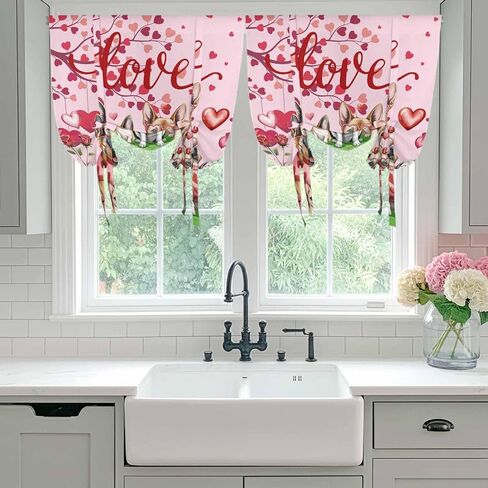 Valentine's Day Tie Up Curtains for Window, Watercolor Funny Dogs Love Roses Spring Pink Thermal Balloon Shade Adjustable Rod Pocket Curtains Valance Panels for Kitchen Bathroom Café 42'' x 63'' in Saudi Arabia