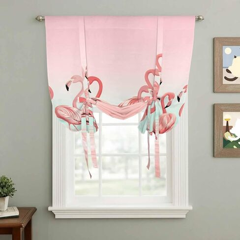 Pink Flamingo Tie Up Curtains for Window, Valentine's Day Birds Lake Animals Thermal Insulated Balloon Shade Adjustable Rod Pocket Curtains Valance Panels for Kitchen Bathroom Café 42'' x 63'' in Saudi Arabia