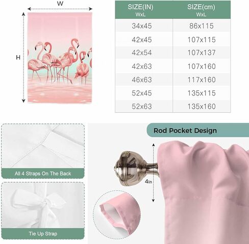 Pink Flamingo Tie Up Curtains for Window, Valentine's Day Birds Lake Animals Thermal Insulated Balloon Shade Adjustable Rod Pocket Curtains Valance Panels for Kitchen Bathroom Café 42'' x 63'' in Saudi Arabia