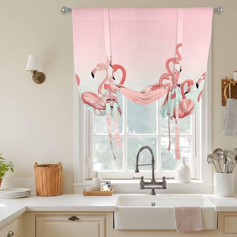 Pink Flamingo Tie Up Curtains for Window, Valentine's Day Birds Lake Animals Thermal Insulated Balloon Shade Adjustable Rod Pocket Curtains Valance Panels for Kitchen Bathroom Café 42'' x 63'' in Saudi Arabia