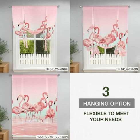 Pink Flamingo Tie Up Curtains for Window, Valentine's Day Birds Lake Animals Thermal Insulated Balloon Shade Adjustable Rod Pocket Curtains Valance Panels for Kitchen Bathroom Café 42'' x 63'' in Saudi Arabia