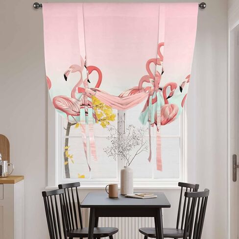 Pink Flamingo Tie Up Curtains for Window, Valentine's Day Birds Lake Animals Thermal Insulated Balloon Shade Adjustable Rod Pocket Curtains Valance Panels for Kitchen Bathroom Café 42'' x 63'' in Saudi Arabia