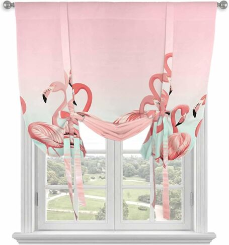 Pink Flamingo Tie Up Curtains for Window, Valentine's Day Birds Lake Animals Thermal Insulated Balloon Shade Adjustable Rod Pocket Curtains Valance Panels for Kitchen Bathroom Café 42'' x 63'' in Saudi Arabia