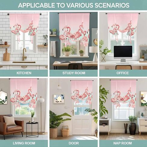 Pink Flamingo Tie Up Curtains for Window, Valentine's Day Birds Lake Animals Thermal Insulated Balloon Shade Adjustable Rod Pocket Curtains Valance Panels for Kitchen Bathroom Café 42'' x 63'' in Saudi Arabia