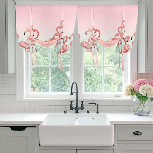 Pink Flamingo Tie Up Curtains for Window, Valentine's Day Birds Lake Animals Thermal Insulated Balloon Shade Adjustable Rod Pocket Curtains Valance Panels for Kitchen Bathroom Café 42'' x 63'' in Saudi Arabia