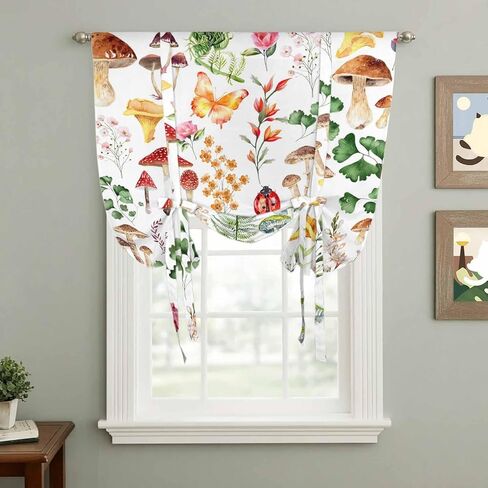 Mushrooms Ferns Tie Up Curtains for Window, Watercolor Forest Floral Botanical Spring Thermal Balloon Shade Adjustable Rod Pocket Curtains Valance Panels for Kitchen Bathroom Café 52'' x 63'' in Saudi Arabia