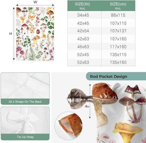 Mushrooms Ferns Tie Up Curtains for Window, Watercolor Forest Floral Botanical Spring Thermal Balloon Shade Adjustable Rod Pocket Curtains Valance Panels for Kitchen Bathroom Café 52'' x 63'' in Saudi Arabia