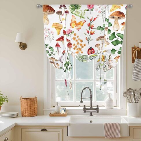 Mushrooms Ferns Tie Up Curtains for Window, Watercolor Forest Floral Botanical Spring Thermal Balloon Shade Adjustable Rod Pocket Curtains Valance Panels for Kitchen Bathroom Café 52'' x 63'' in Saudi Arabia